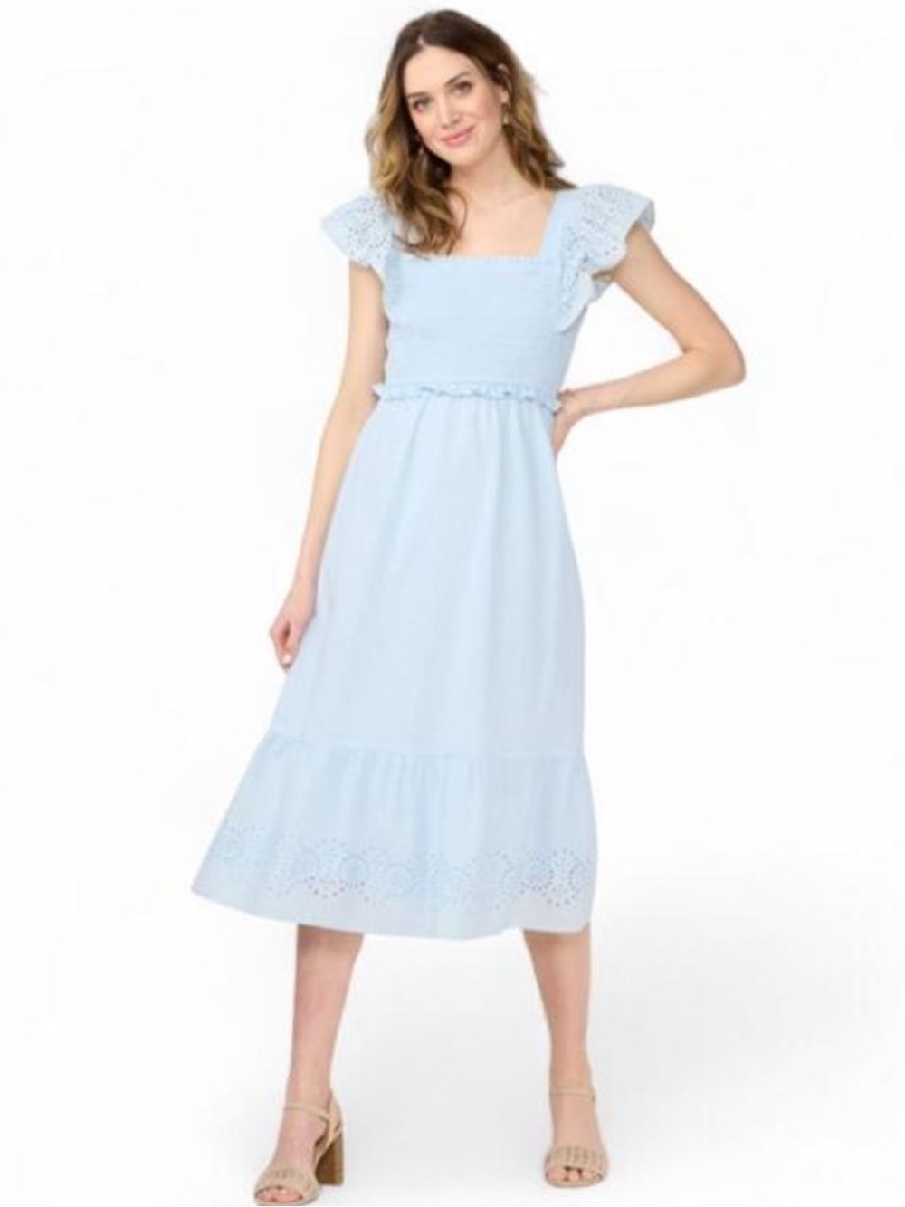 LC Lauren Conrad Light Blue Eyelet Midi Dress with Flutter Cap Sleeves